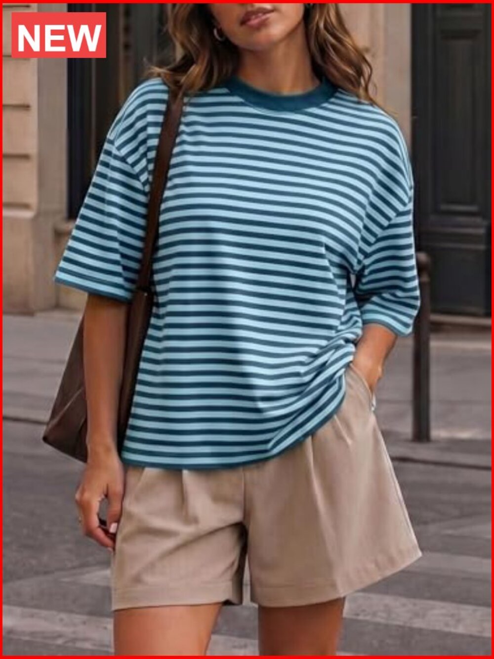 Oversized Striped Drop Shoulder Tee - Color Block Short Sleeve Crewneck Y2K Top - Picture 4 of 6